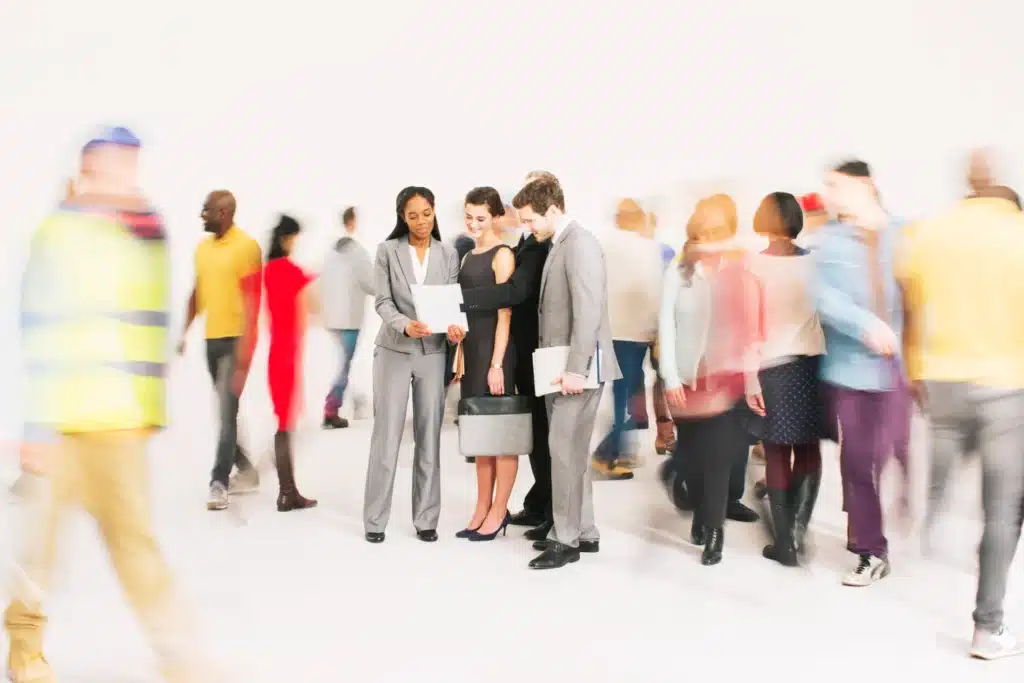 Business people in a busy environment.